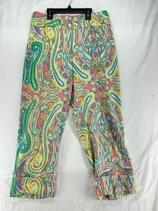 J. McLaughlin Randi Pink Green Paisley Capri Pants Sz 2 Cuffed Silk Blend Resort - Picture 1 of 10