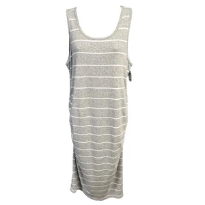 Sonoma Dress LG Grey White Striped Ribbed Maternity Midi Pullover Ruched Casual - Picture 1 of 8