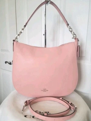 全新无标签 COACH Chelsea Hobo 32 单肩包钱包粉色/银色荔枝皮革 2 路 — 第 1/4 张图片