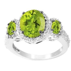 3.54 CTW Real Peridot and White Topaz Three Stone Ring 14k White Gold Plated 925 - Picture 1 of 4