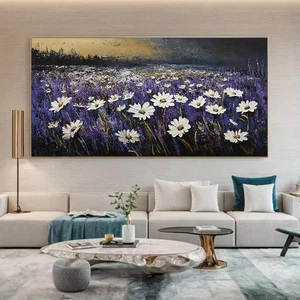 Field of White Daisies & Purple Lavender Unframed Canvas Painting for Living - Picture 1 of 6