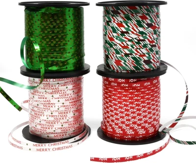 Paquete de 4 rollos de cinta rizadora de Navidad impresos rayas rojas verdes y blancas, HO, San Foto 1 de 4