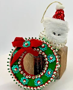 Santa Claus Sequin Push Pin Christmas Tree Ornament with Fur & Green Wreath - Picture 1 of 9