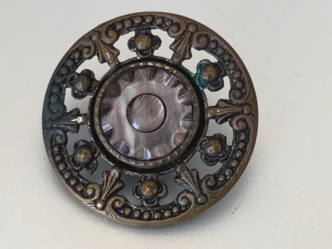 Rare French ANTIQUE BUTTON - Mother of Pearl with Metal cut - 2.5cm Cover