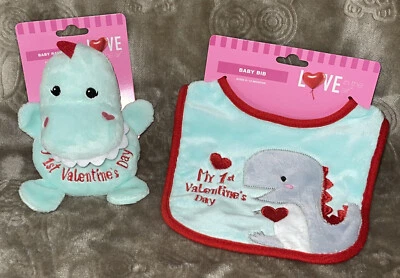Mi 1er día de San Valentín sonajero día de San Valentín dinosaurio peluche/sonajero babero nuevo con etiquetas 2020 Foto 1 de 4