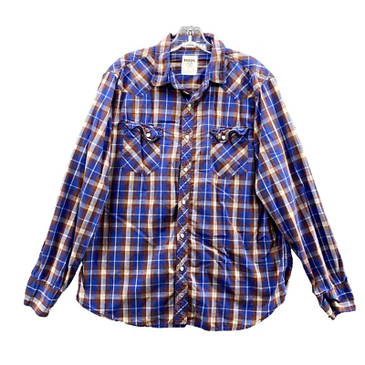 Fossil Shirt Large Blue Plaid 54 Vintage Fit Pearl Snap Western 90's Cotton Mens - Image 1 of 4