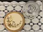 VINTAGE Floral Round Wood & Tile CHEESE TRAY WITH GLASS DOME LID