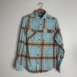 Angry Minnow Flannel Co Hemd Herren klein blau kariert Knopfleiste Lake Patch hinten - Bild 1 von 9