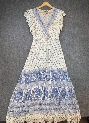 Angie Boho Blue White Floral Maxi Dress Women’s Size L Ruffle Sleeves India Rayo - Image 1 of 4