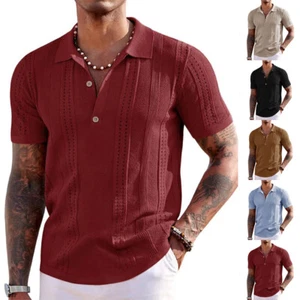 Men Knitted T-Shirt Slim Turn-down Collar Short Sleeve Tees Tops Blouse Casual - Picture 1 of 15