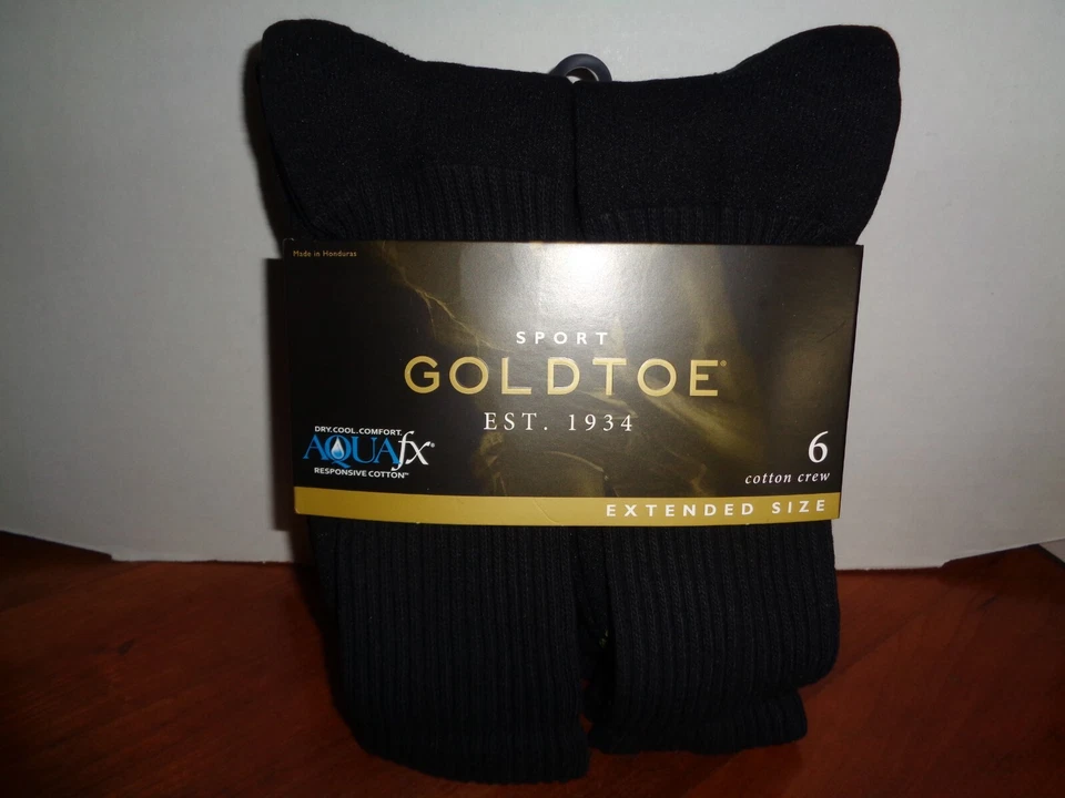 Athletic Works Gold Toe Men's Crew 656s - Size 12-16, Black (6-Pack)