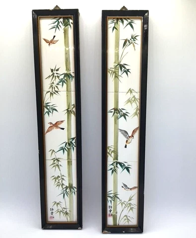 Set 2 Vtg Japan Hand Decorated Tile Art Framed Bamboo Birds Cover