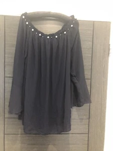 Stunning Designer Bardot Top Navy With Pearls  - Picture 1 of 3