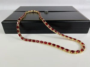 YELLOW GOLD FINISH Oval Cut Red Ruby and Round Cut Created Diamond Necklace - Picture 1 of 7