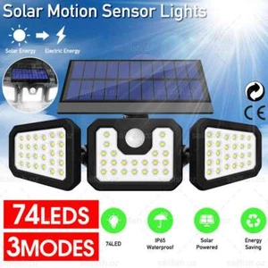 Solar Motion Sensor Light 3 Head Security Flood Lamp 74LEDs Outdoor Garden Wall - Picture 1 of 13