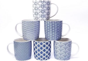 Set of 6 11.5 oz Coffee Mugs with Blue and White Geometric Patterns, Ceramic Tea - Picture 1 of 6