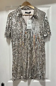 ZARA Silver Sequin Shirt Dress Size S - Picture 1 of 5
