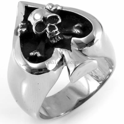 Poker Spade Heart Skull Stainless Steel Punk Rock Men's Ring Casting Band - Image 1 of 4