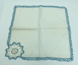 Vtg Crochet Blue White Lady's Ladies Hanky Handkerchief FREE SHIP - Picture 1 of 6