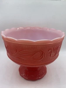 E.O. Brody Holiday Red Milk Glass Compote Fruit Candy Footed Bowl Cleveland Ohio - Picture 1 of 17