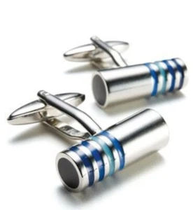 10K White Gold With Light & Dark Blue Enamel Striped Line Cufflinks For Men's - Picture 1 of 2