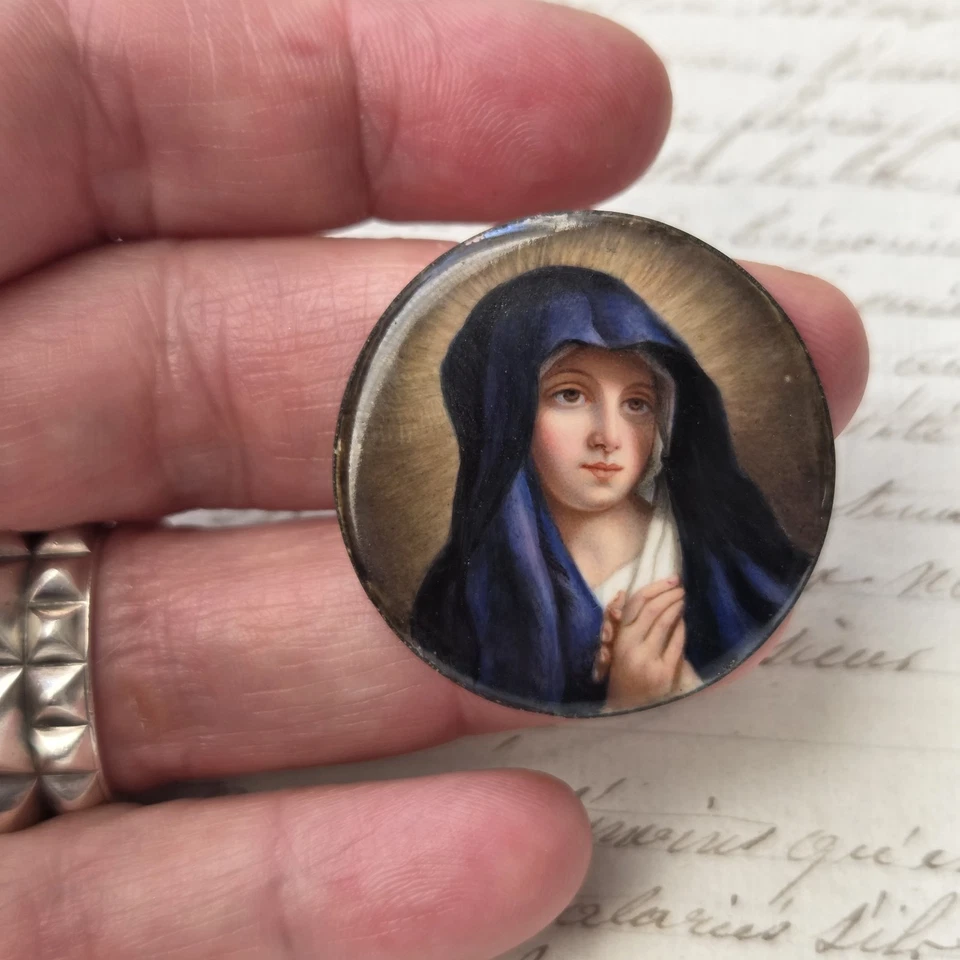 Portrait Miniature Email Peint Vierge Marie XIXè - Photo 1/4
