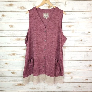 LOGO Lori Goldstein Top 3X Purple Sleeveless Button Front Lace Hem Boho Casual - Picture 1 of 4