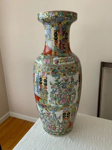 Jarrón de piso policromado chino vintage grande 24" escenas flores personas - Imagen 1 de 16