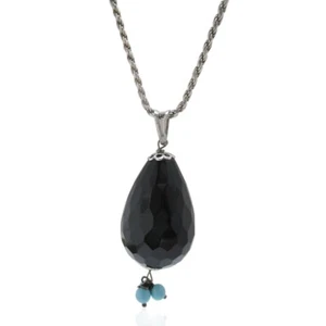 Collana funetta argento 925 rodiato con ciondolo a goccia onice nera e turchese - Foto 1 di 2