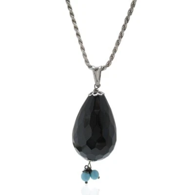 Collana funetta argento 925 rodiato con ciondolo a goccia onice nera e turchese - Immagine 1 di 2