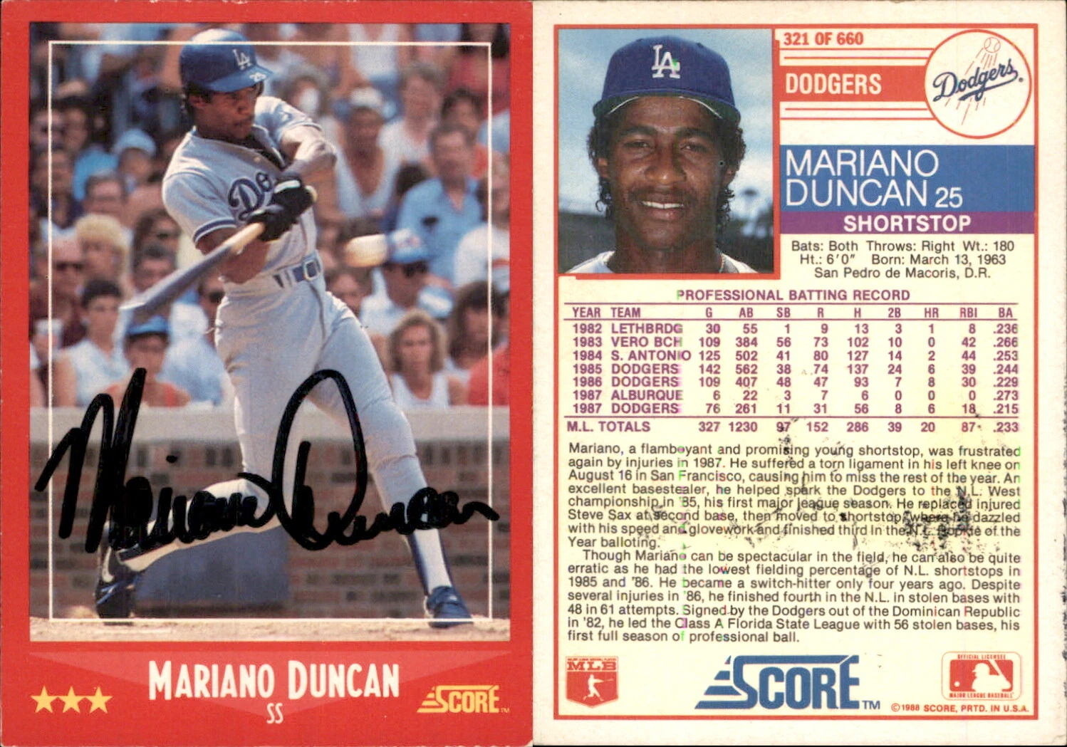 Mariano Duncan Signed 1988 Score #321 Card Los Angeles Dodgers Auto AU
