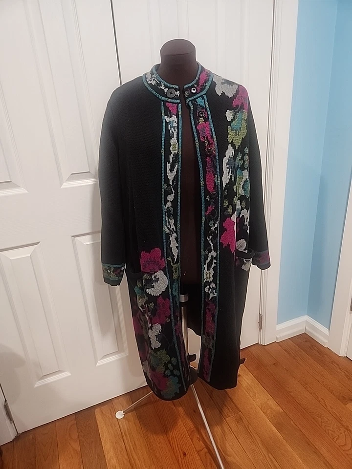 Cárdigan J.Jill Negro Floral Largo Tejido Arte Para Usar Suéter Chaqueta Talla. Grande Foto 1 de 4