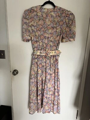 Leslie Fay Shirt Dress Sz 12 Vtg 80's Pink Floral Pansy Pleated Modest - Image 1 of 4
