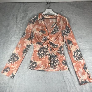 Free People Top Womens XL Lucky Shirtee Peach Bloom Sheer Floral Festival Blouse - Picture 1 of 13