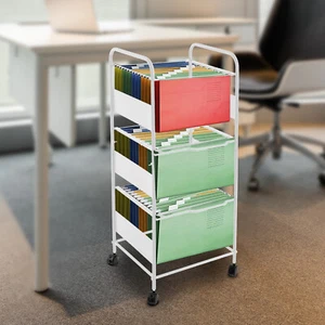 3-Tier Rolling File Cart with Wheels Home Office Metal Pull-Out File Folder Rack - Picture 1 of 15