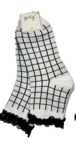 Girly Girl's Grid Print Ankle Socks with Frills White Black - Picture 1 of 7