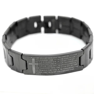 Men's 8" Stainless Steel,Black BIBLE VERSES CROSS.Lord prayer.ID Bracelet*Box - Picture 1 of 3
