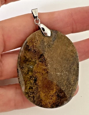 Oval Wavy Jasper Pendant Large 18k white gold plated bezel Browns Stunning - Image 1 of 4