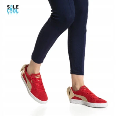 Puma Suede Bow Varsity Red Gold Leather Low Lace Up Womens Trainers 367732-01 - Image 1 of 4