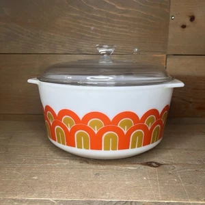 Pyrex #344 3qt Auflaufform mit Original Deckel Bögen Fischschuppen MCM weiß - Bild 1 von 13
