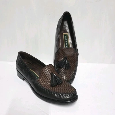 Cole Haan Loafers Brown Woven Black Leather Tassel Round Apron Toe Size 7.5 AAAA - Image 1 of 4