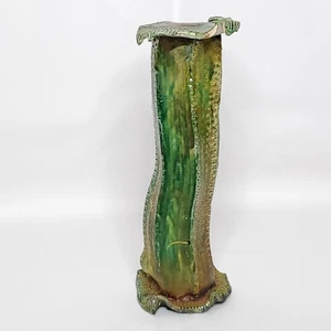 Abstract Brutalist Raku Studio Pottery Candle Stick Holder Geometric Green - Picture 1 of 12