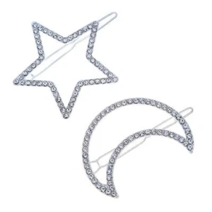 2 Pcs Silver Rhinestone Crystal Geometric Stars Moon Hair Clip Fashion Woman ... - Picture 1 of 7