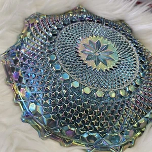 Vintage Blue Indiana Carnival Glass Iridescent Diamond Cut Dish Hostess Platter - Picture 1 of 19