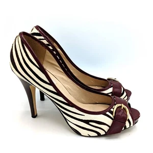 Steve Madden Lezlie Zebra Print Peep Toe Stiletto Pumps Burgundy Buckle Size 8.5 - Picture 1 of 6