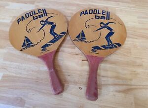 2x Vintage Paddle Ball Bats Surfer Girl Bikini HOWSCO MCM Blue 16" Wood Racquets