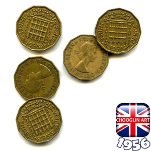 Juego de (x5) monedas británicas de tres peniques 1956 Isabel II, ¡69 años! - Imagen 1 de 1