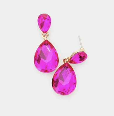 "Pendientes largos de plata de cristal con estrás de desfile fucsia rosa caliente de 1,25""" Foto 1 de 4