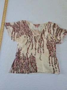 Damen Bluse Monsoon Größe 12 Seidenmix Kurzarm V-Ausschnitt Transparent Elfenbein Mix 9814 - Bild 1 von 12