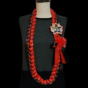 Graduation Braided Lei Red & Black Satin Ribbon Congrats Grad 2025 New Handmade - Picture 1 of 2